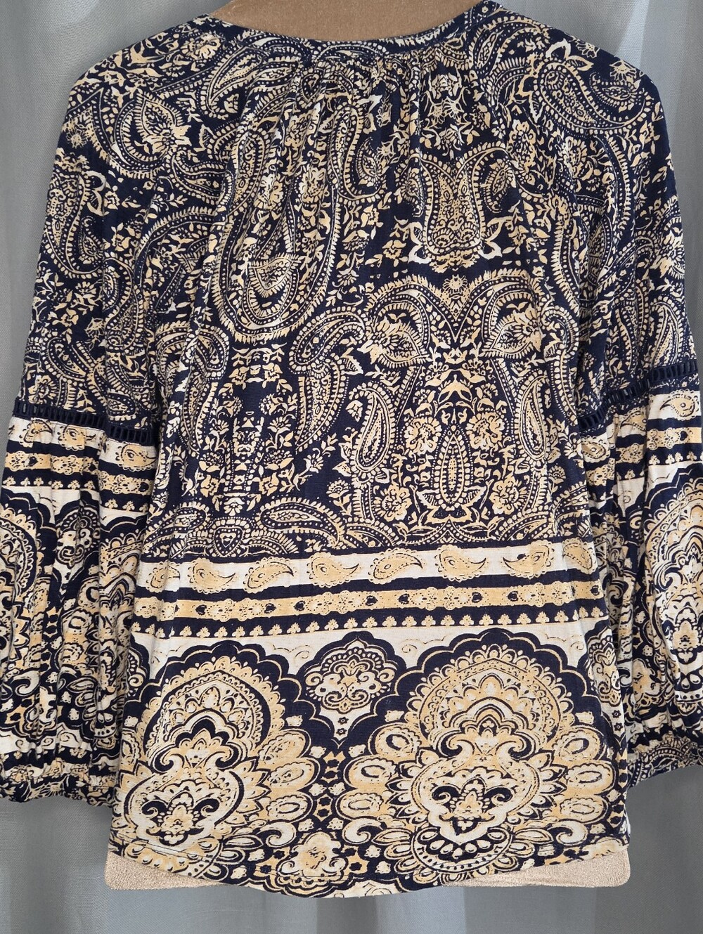 Lucky Brand M Medium Boho Paisley Tie-Neck Peasant Blouse - Navy/Cream - Picture 3 of 7